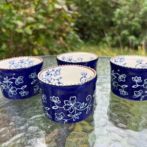 Set of 4 Blue Floral Lace Ceramic Ramekins